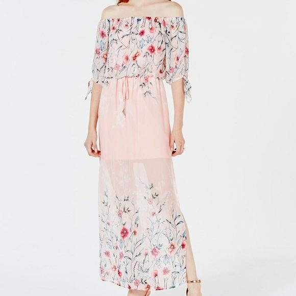 City Studio Pink Floral Off the Shoulder Chiffon Maxi Dress - Picture 2 of 7